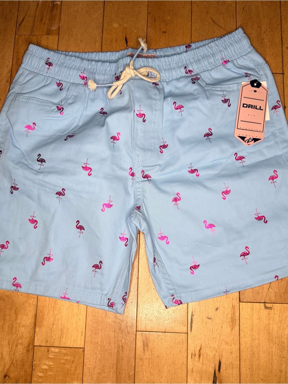 Drill Light Blue Flamingo Swim Trunks for Men